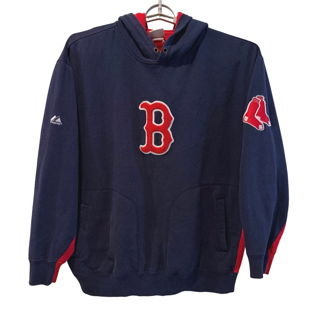 Majestic VTG Boston Red Sox Hoodie Navy Blue Patch Logo MLB Baseball Mens 2XL